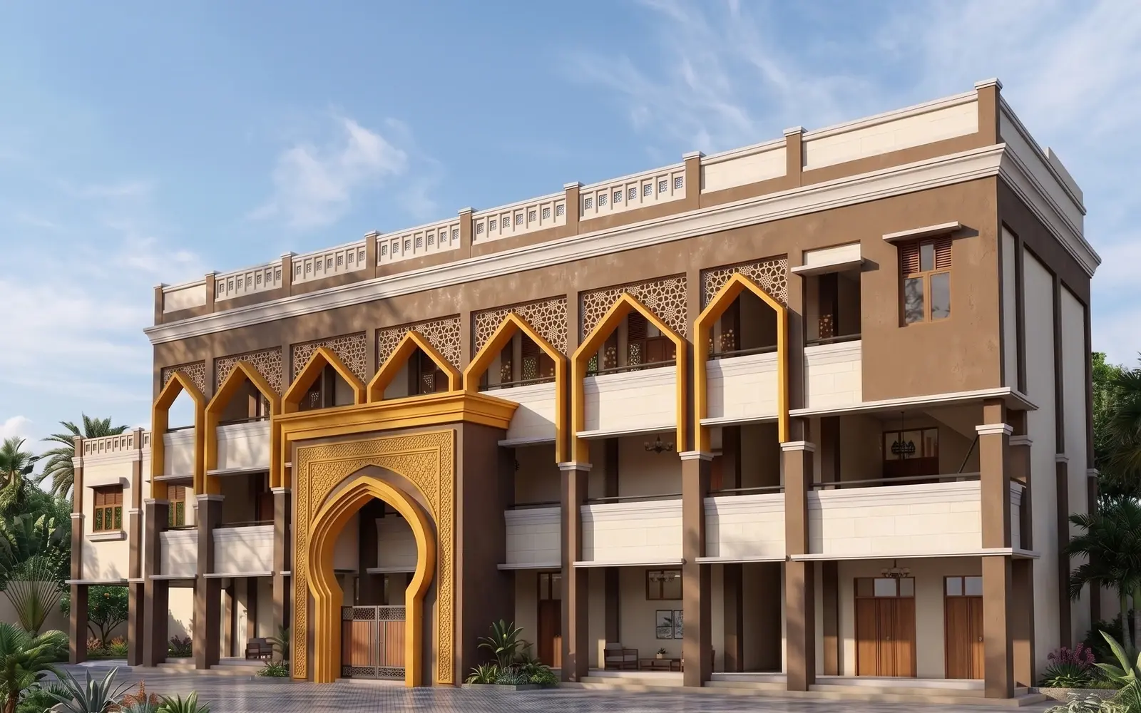 Render tiga dimensi rencana pondok, memperlihatkan gerbang lengkung berornamen di tengah dan deretan lengkung di sepanjang lantai atas
